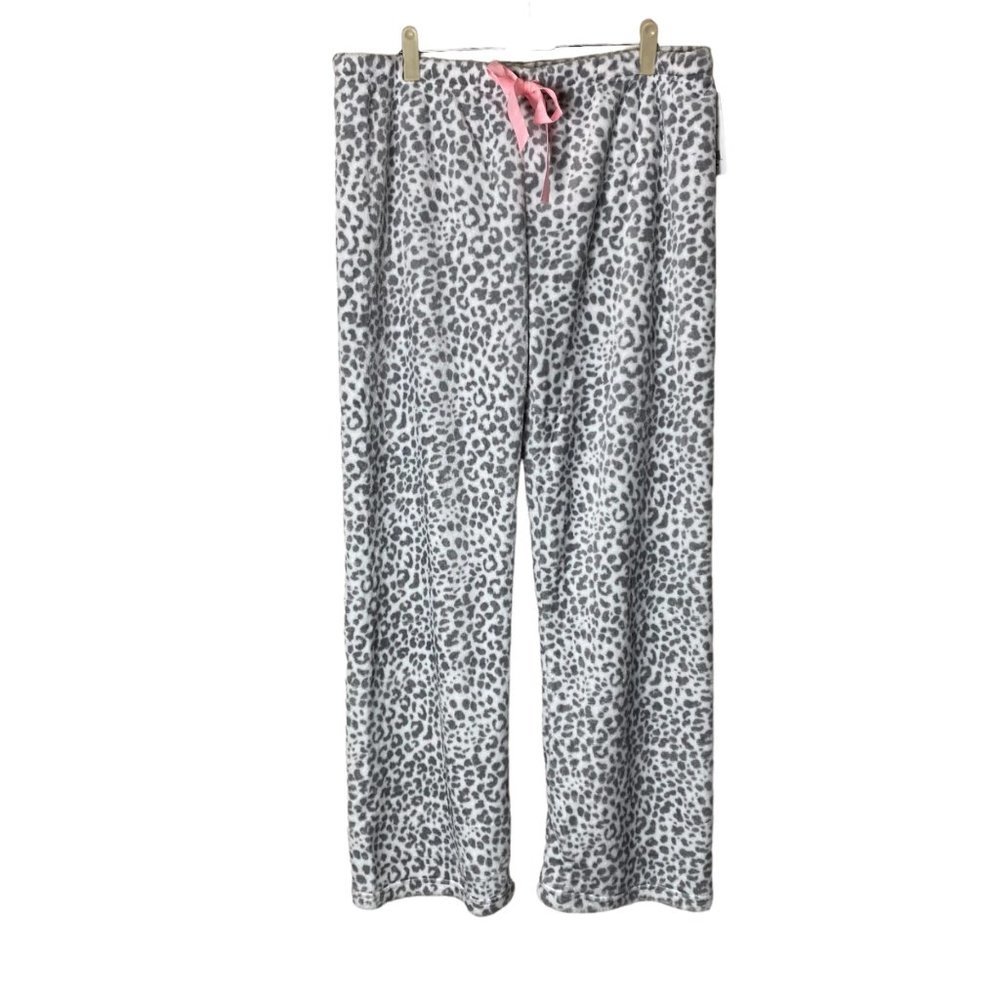NEW Pug Apparel Women Ultra Soft Fuzzy Gray Leopard Animal Print PJ Pajama Pants